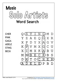 Music Word search #25 Solo Artists Word Search Easy