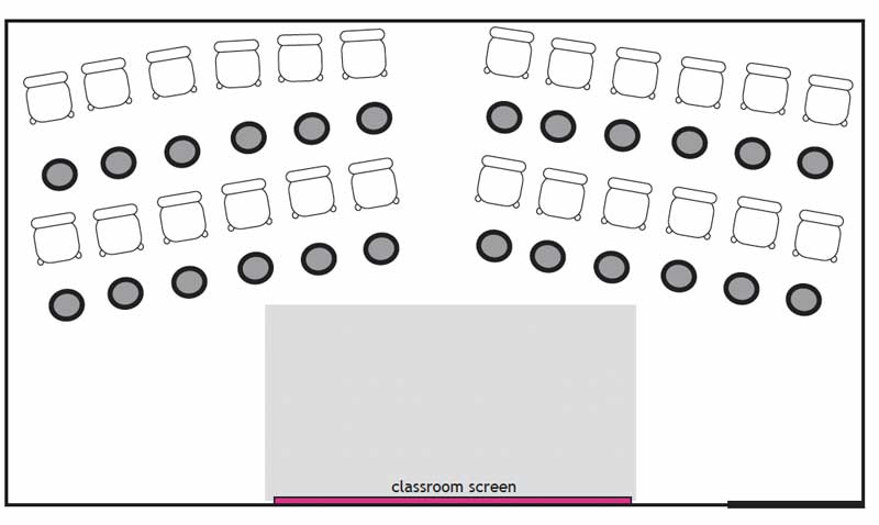 Bucket drumming classroom setup diagram showing student seating and bucket placement