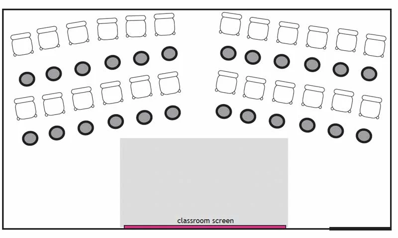 Bucket drumming classroom setup diagram showing student seating and bucket placement
