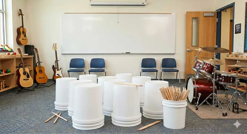 Buckets in classroom ready for classroom music bucket drumming
