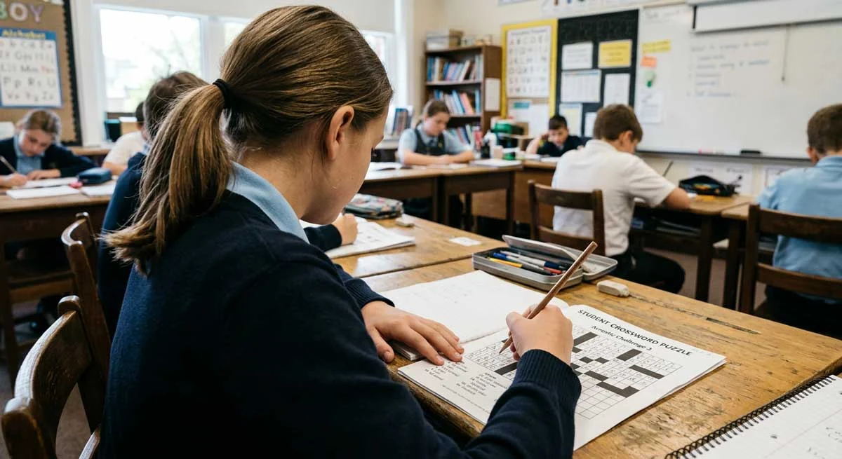 StudentCompletingMusicCrossWords Student Completing Music CrossWords in Music Class
