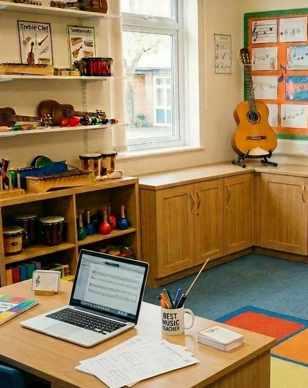 TeacherDeskWithLaptopOn Laptop to the side of a music classroom can provide all the music tracks needed