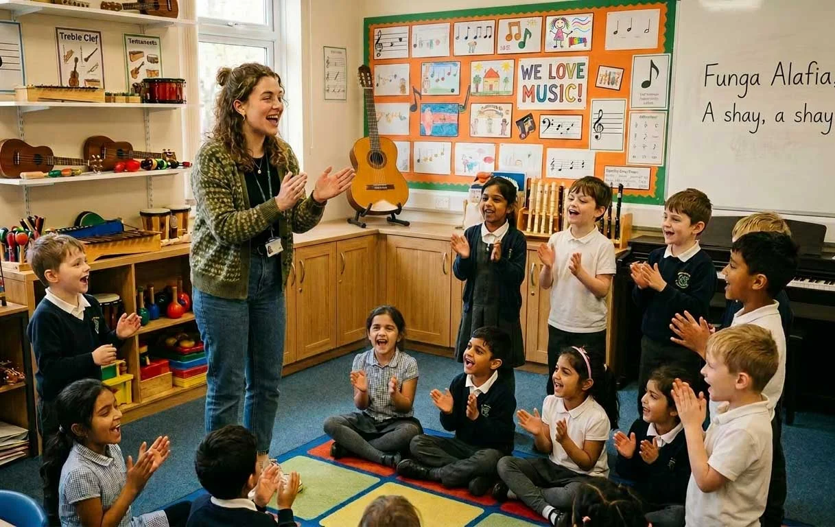 TeacherTeachingMusicWithNoSmartboard Music teacher leading a classroom activity without a smart board or screen